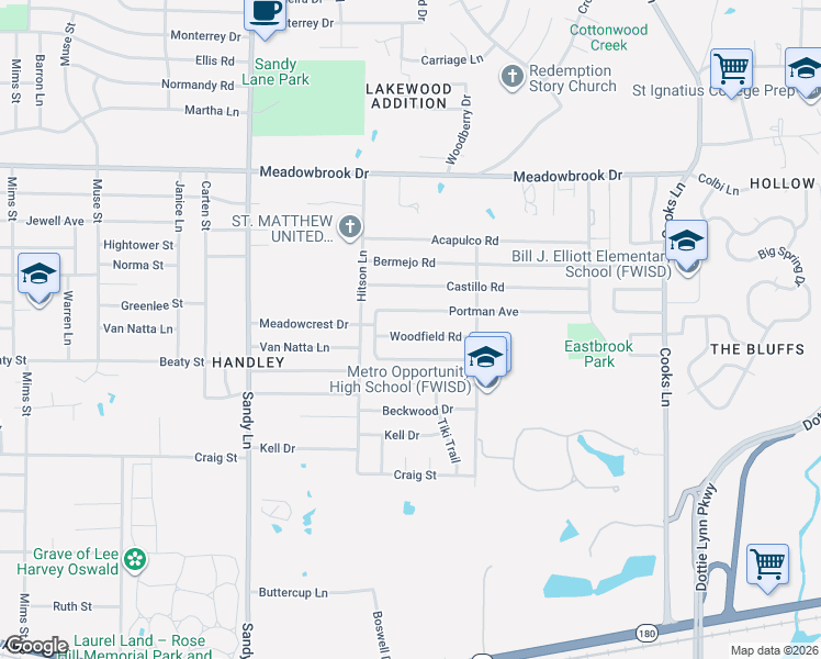 map of restaurants, bars, coffee shops, grocery stores, and more near 7525 Woodfield Road in Fort Worth