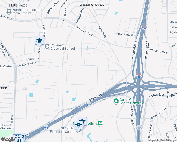 map of restaurants, bars, coffee shops, grocery stores, and more near 2121 Marshville Road in Fort Worth