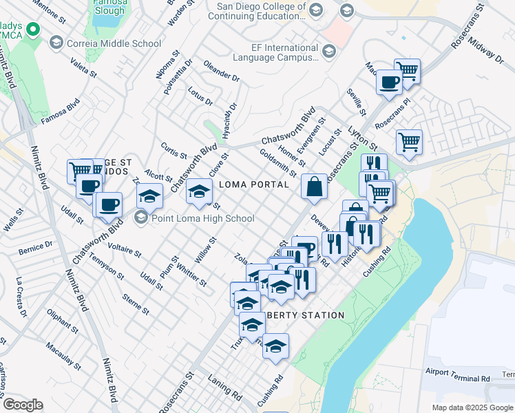 map of restaurants, bars, coffee shops, grocery stores, and more near 2572 Evergreen Street in San Diego