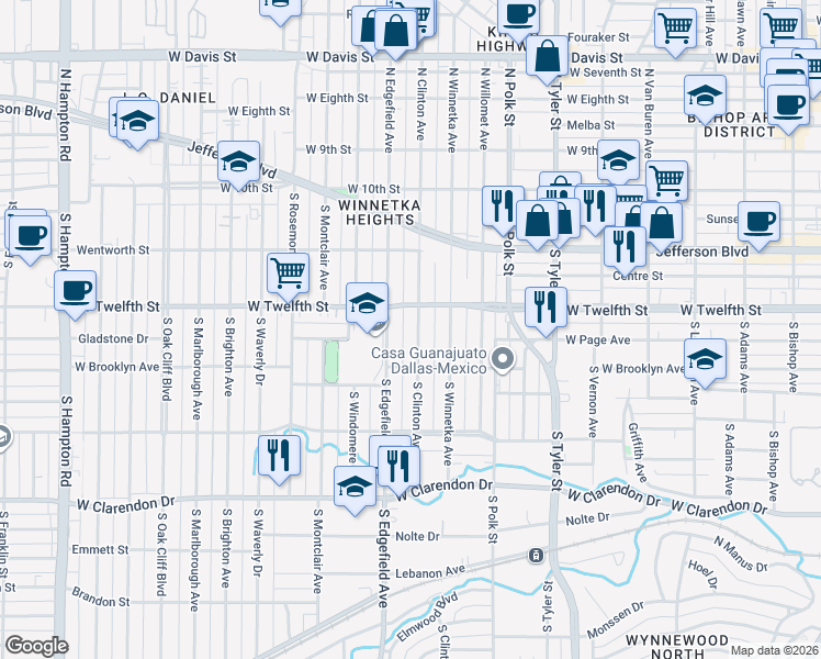 map of restaurants, bars, coffee shops, grocery stores, and more near 521 S Clinton Ave in Dallas