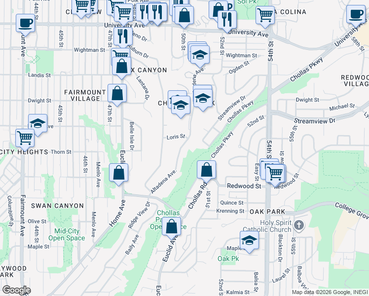 map of restaurants, bars, coffee shops, grocery stores, and more near 3311 Altadena Avenue in San Diego