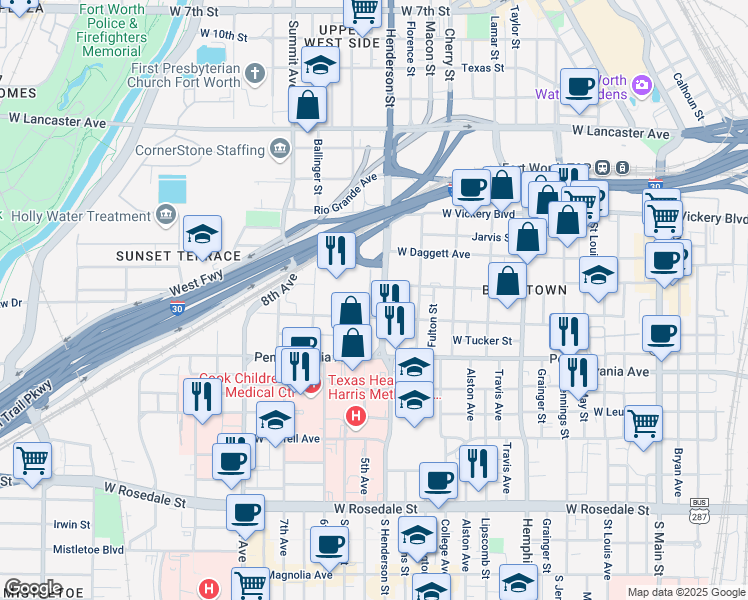 map of restaurants, bars, coffee shops, grocery stores, and more near 412 South Henderson Street in Fort Worth