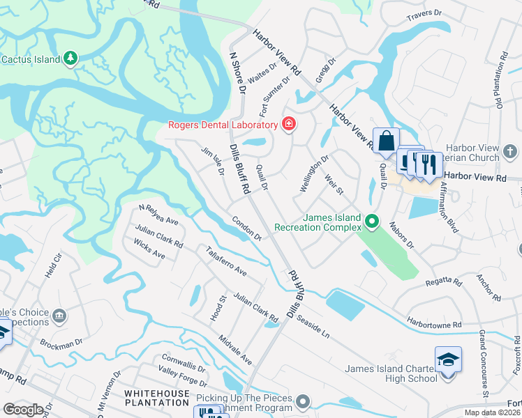 map of restaurants, bars, coffee shops, grocery stores, and more near 818 Dills Bluff Road in Charleston
