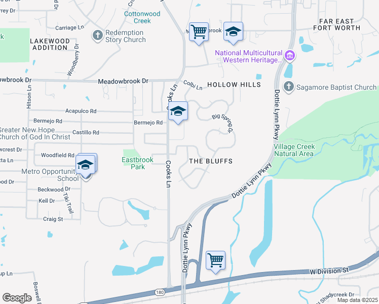map of restaurants, bars, coffee shops, grocery stores, and more near 2709 Merry View Lane in Fort Worth