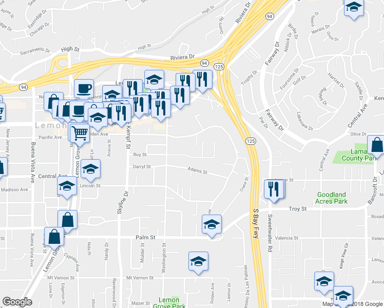 map of restaurants, bars, coffee shops, grocery stores, and more near 8302 Roy Street in Lemon Grove
