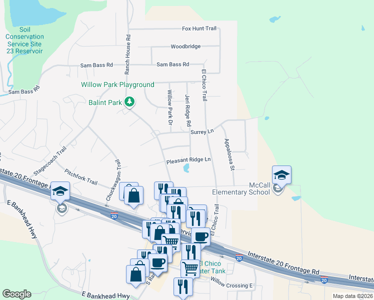 map of restaurants, bars, coffee shops, grocery stores, and more near 116 Mesa Springs Road in Weatherford