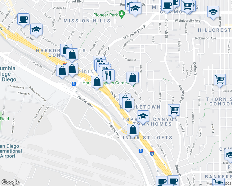 map of restaurants, bars, coffee shops, grocery stores, and more near 3585 India Street in San Diego