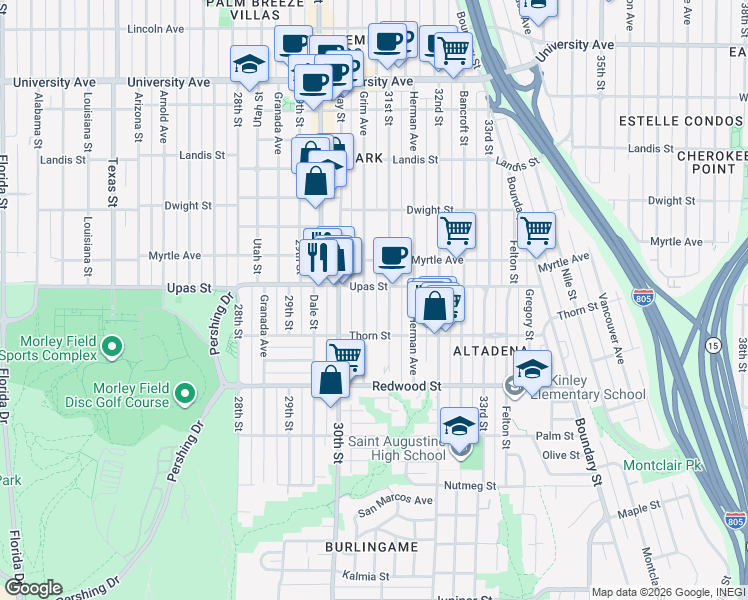 map of restaurants, bars, coffee shops, grocery stores, and more near 3365 Grim Avenue in San Diego