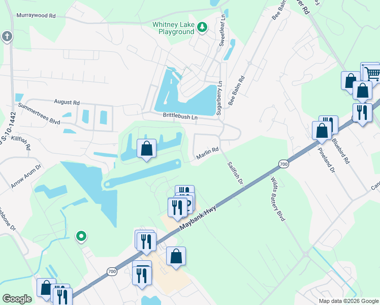 map of restaurants, bars, coffee shops, grocery stores, and more near 1722 Barracuda Road in Johns Island