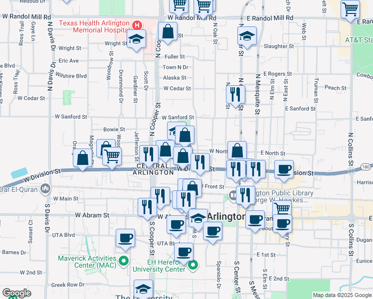 map of restaurants, bars, coffee shops, grocery stores, and more near 406 Indiana Street in Arlington