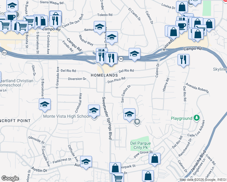 map of restaurants, bars, coffee shops, grocery stores, and more near 3405 Scenic Terrace in Spring Valley