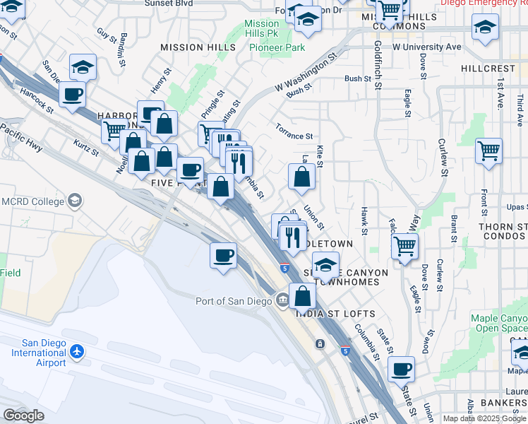 map of restaurants, bars, coffee shops, grocery stores, and more near 3585 India Street in San Diego