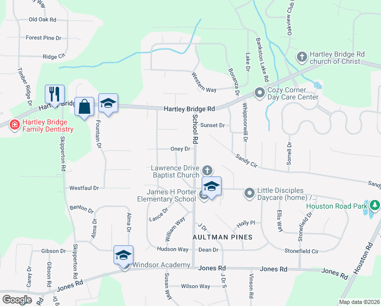 map of restaurants, bars, coffee shops, grocery stores, and more near 5707 School Road in Macon