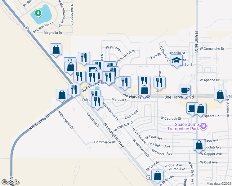 map of restaurants, bars, coffee shops, grocery stores, and more near 1609 Joe Harvey Boulevard in Hobbs