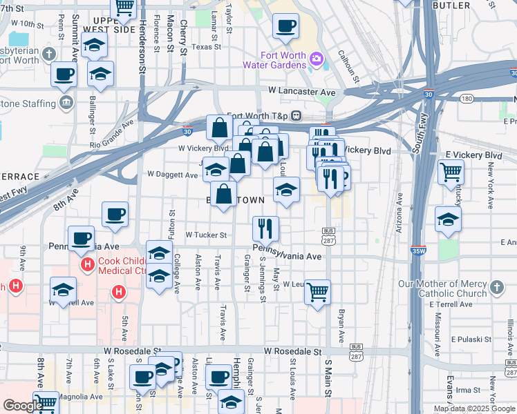 map of restaurants, bars, coffee shops, grocery stores, and more near 400 South Jennings Avenue in Fort Worth