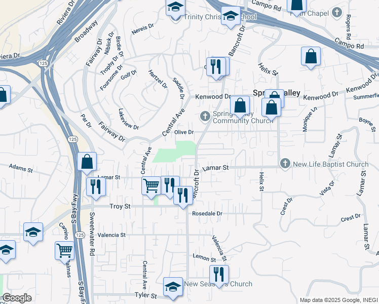 map of restaurants, bars, coffee shops, grocery stores, and more near 3180 Bancroft Drive in Spring Valley