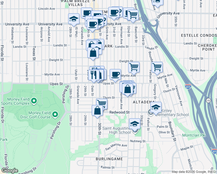 map of restaurants, bars, coffee shops, grocery stores, and more near 3365-69 Grim Avenue in San Diego