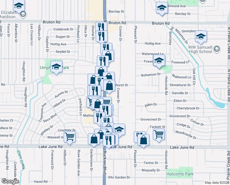 map of restaurants, bars, coffee shops, grocery stores, and more near 1635 Conner Drive in Dallas
