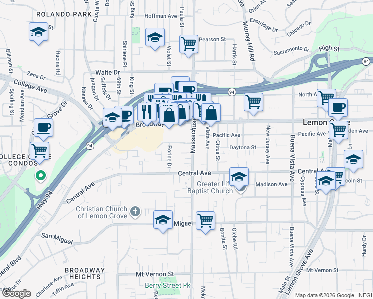 map of restaurants, bars, coffee shops, grocery stores, and more near 3224 Massachusetts Avenue in Lemon Grove