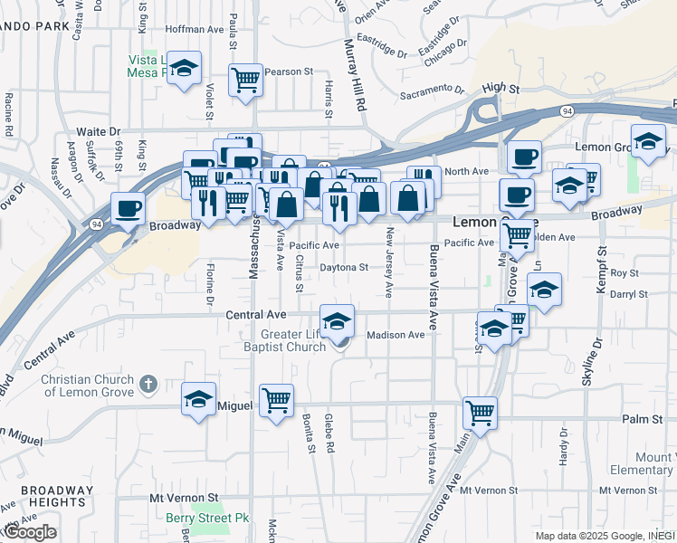 map of restaurants, bars, coffee shops, grocery stores, and more near 7385 Daytona Street in Lemon Grove
