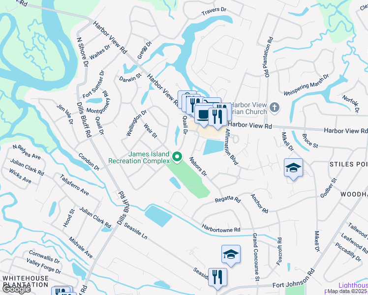 map of restaurants, bars, coffee shops, grocery stores, and more near 1074 Quail Drive in Charleston