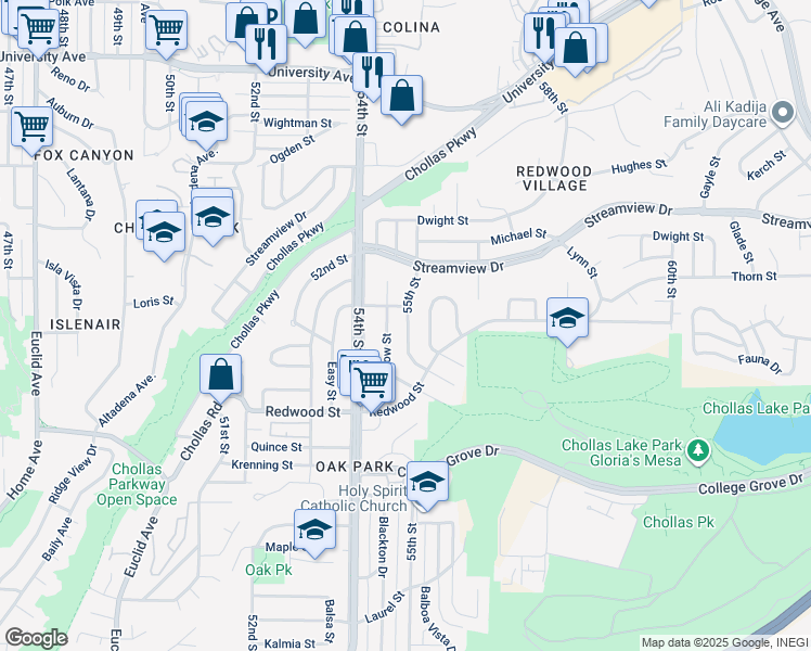map of restaurants, bars, coffee shops, grocery stores, and more near 3228 55th St in San Diego