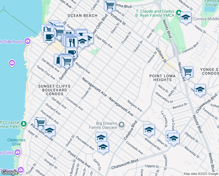 map of restaurants, bars, coffee shops, grocery stores, and more near 4499 Niagara Avenue in San Diego