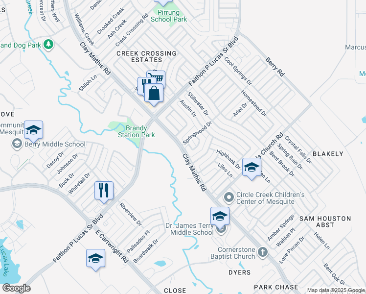 map of restaurants, bars, coffee shops, grocery stores, and more near 2189 Clay Mathis Road in Mesquite