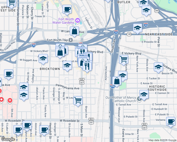 map of restaurants, bars, coffee shops, grocery stores, and more near 400 Crawford Street in Fort Worth