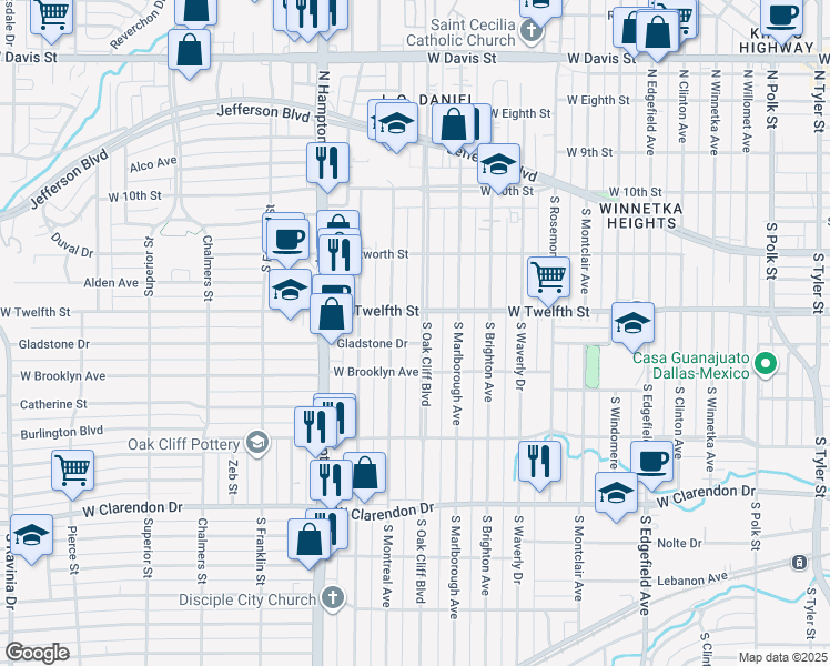 map of restaurants, bars, coffee shops, grocery stores, and more near 519 South Oak Cliff Boulevard in Dallas