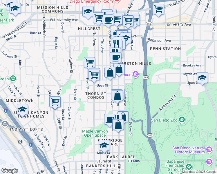 map of restaurants, bars, coffee shops, grocery stores, and more near 313 West Upas Street in San Diego