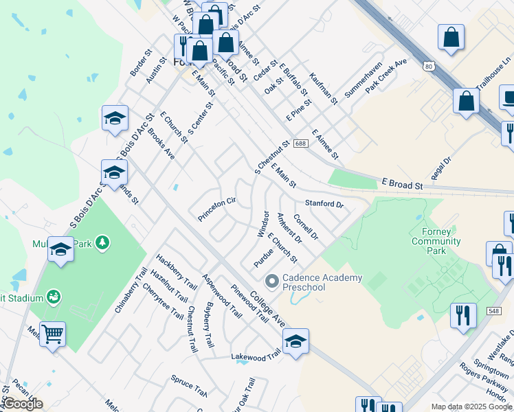 map of restaurants, bars, coffee shops, grocery stores, and more near 215 South Chestnut Street in Forney