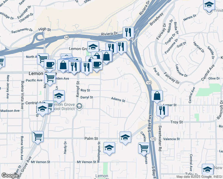 map of restaurants, bars, coffee shops, grocery stores, and more near 8302 Roy Street in Lemon Grove