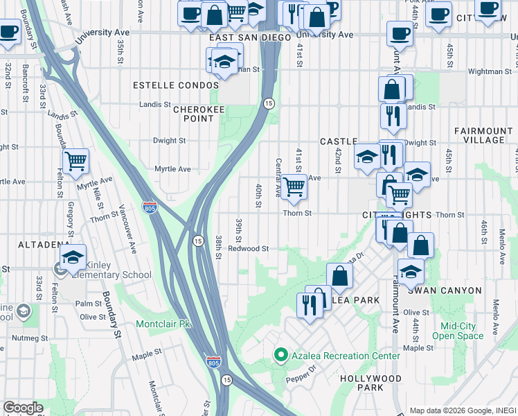 map of restaurants, bars, coffee shops, grocery stores, and more near 3304 40th Street in San Diego