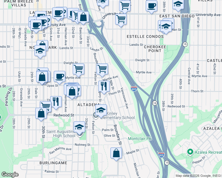 map of restaurants, bars, coffee shops, grocery stores, and more near in San Diego
