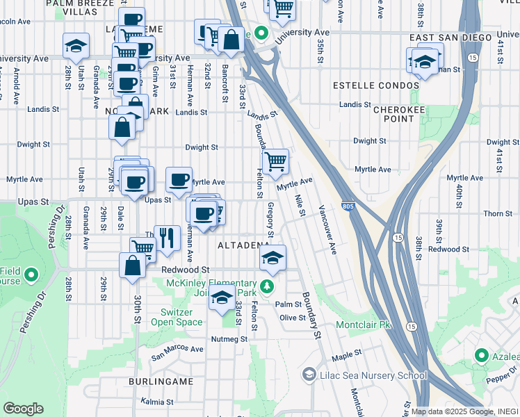 map of restaurants, bars, coffee shops, grocery stores, and more near 3364 Gregory Street in San Diego