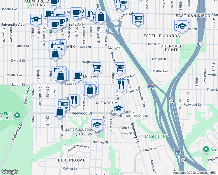 map of restaurants, bars, coffee shops, grocery stores, and more near 3363 33rd Street in San Diego