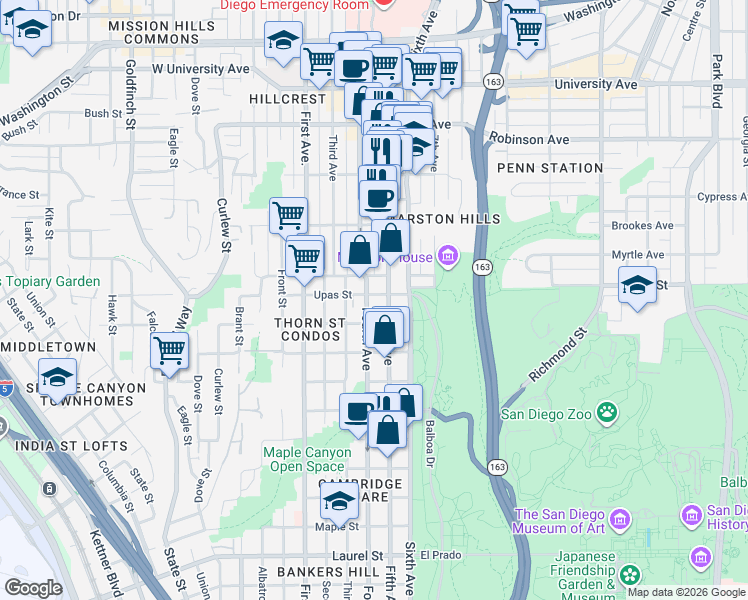 map of restaurants, bars, coffee shops, grocery stores, and more near 3409 Fifth Avenue in San Diego