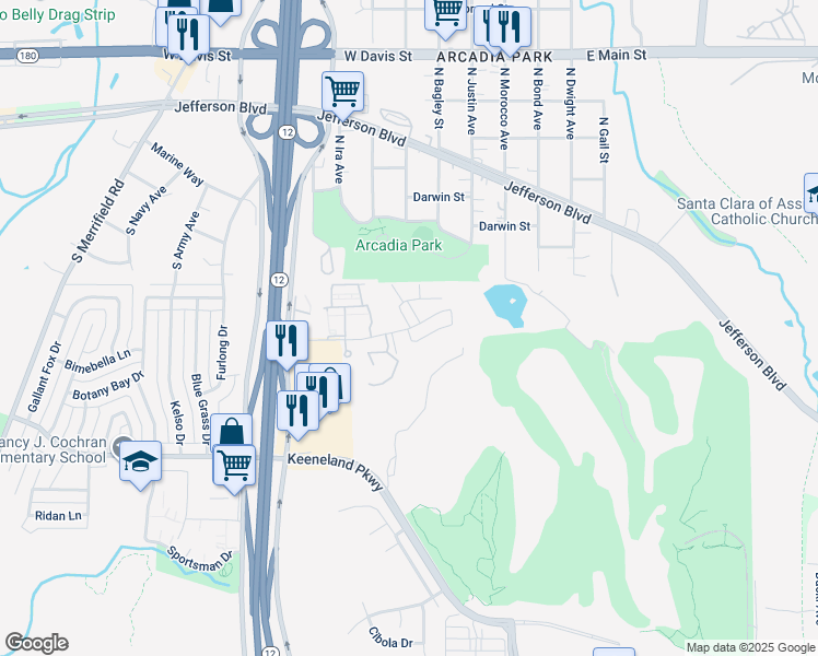 map of restaurants, bars, coffee shops, grocery stores, and more near 5307 Handicap Circle in Dallas