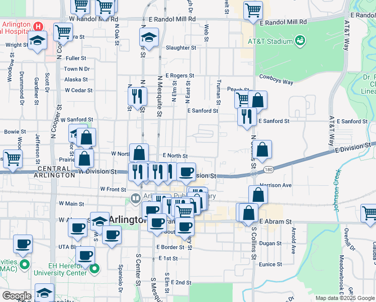 map of restaurants, bars, coffee shops, grocery stores, and more near 501 East North Street in Arlington