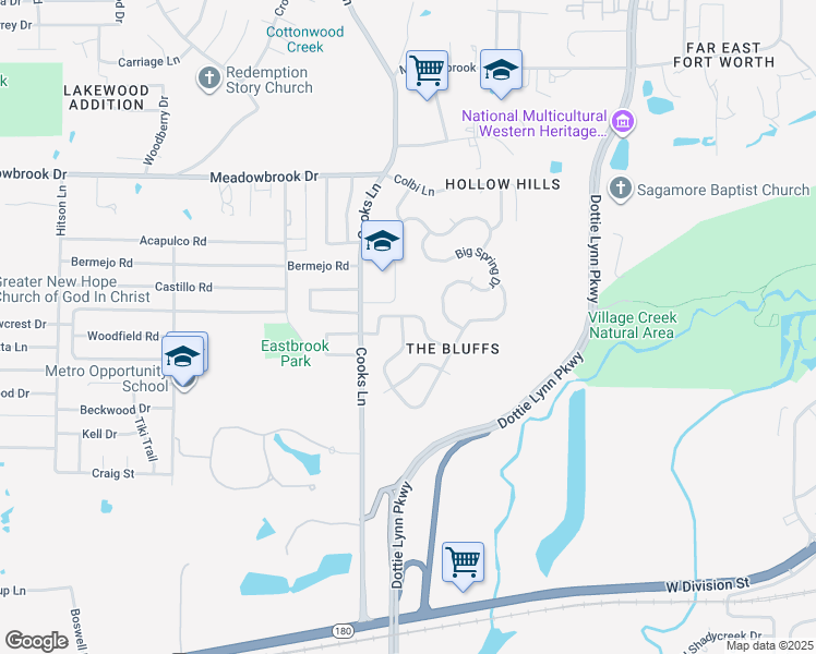 map of restaurants, bars, coffee shops, grocery stores, and more near 2709 Merry View Lane in Fort Worth