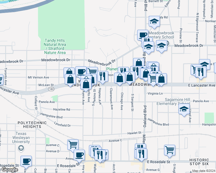 map of restaurants, bars, coffee shops, grocery stores, and more near 3900 East Lancaster Avenue in Fort Worth