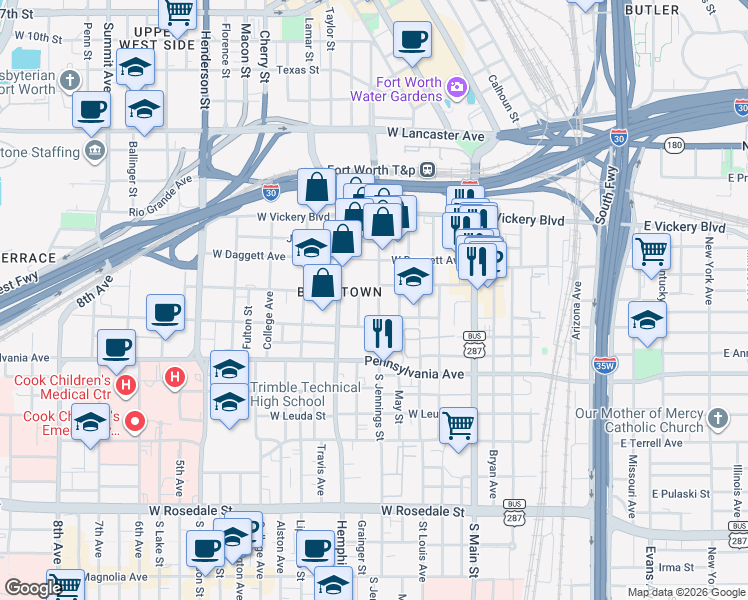 map of restaurants, bars, coffee shops, grocery stores, and more near 400 South Jennings Avenue in Fort Worth
