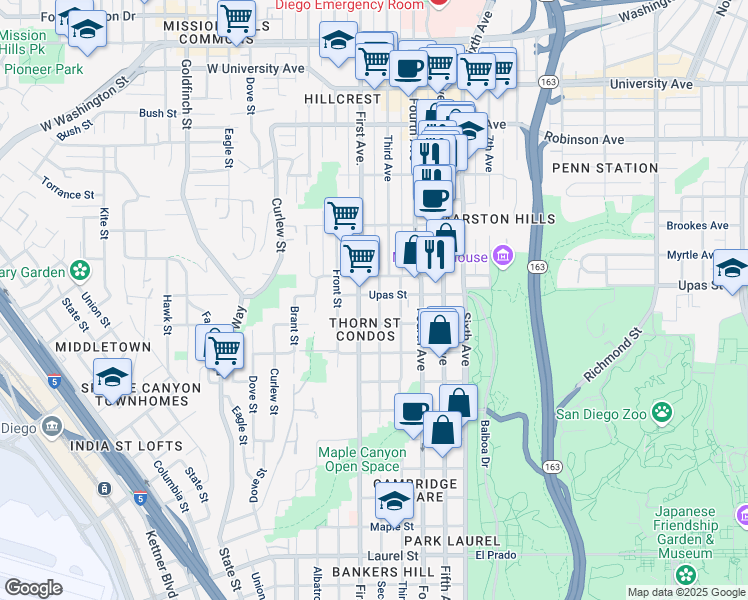 map of restaurants, bars, coffee shops, grocery stores, and more near 3356 2nd Avenue in San Diego