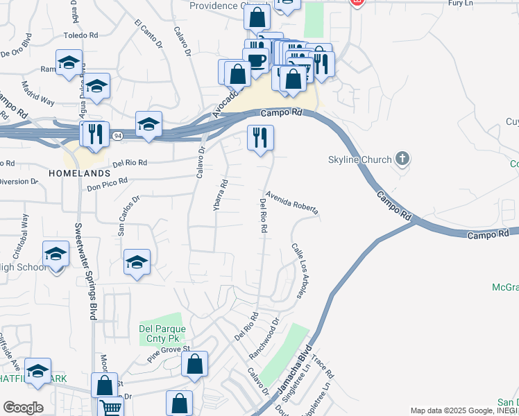 map of restaurants, bars, coffee shops, grocery stores, and more near 11009 Del Rio Road in Spring Valley