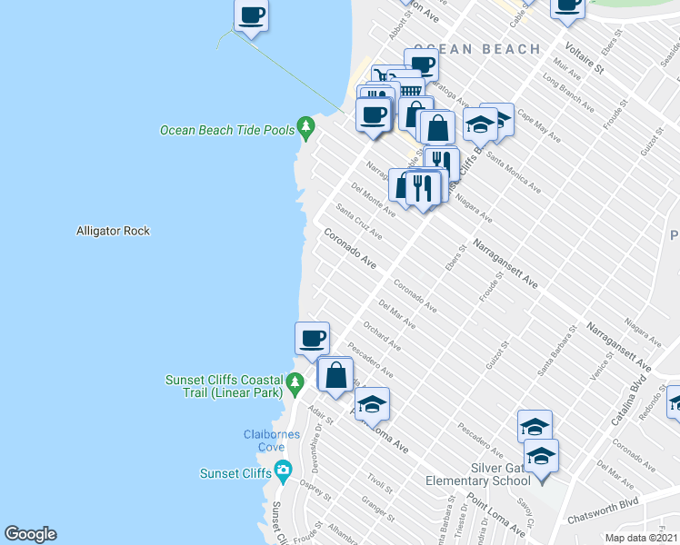 map of restaurants, bars, coffee shops, grocery stores, and more near 4887 Del Mar Avenue in San Diego
