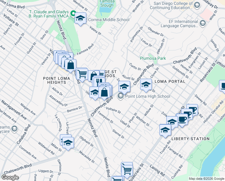 map of restaurants, bars, coffee shops, grocery stores, and more near 2303 Poinsettia Drive in San Diego