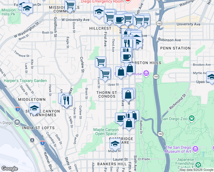 map of restaurants, bars, coffee shops, grocery stores, and more near 3356 2nd Avenue in San Diego