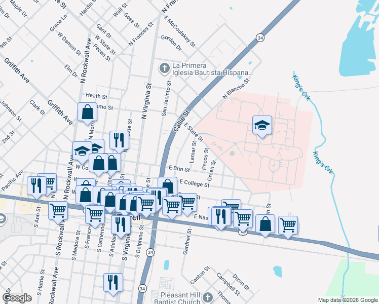 map of restaurants, bars, coffee shops, grocery stores, and more near 107 Lamar St in Terrell