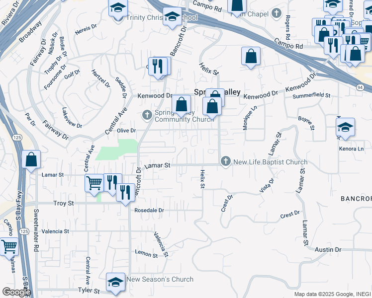 map of restaurants, bars, coffee shops, grocery stores, and more near 3155 Lamar Springs Court in Spring Valley